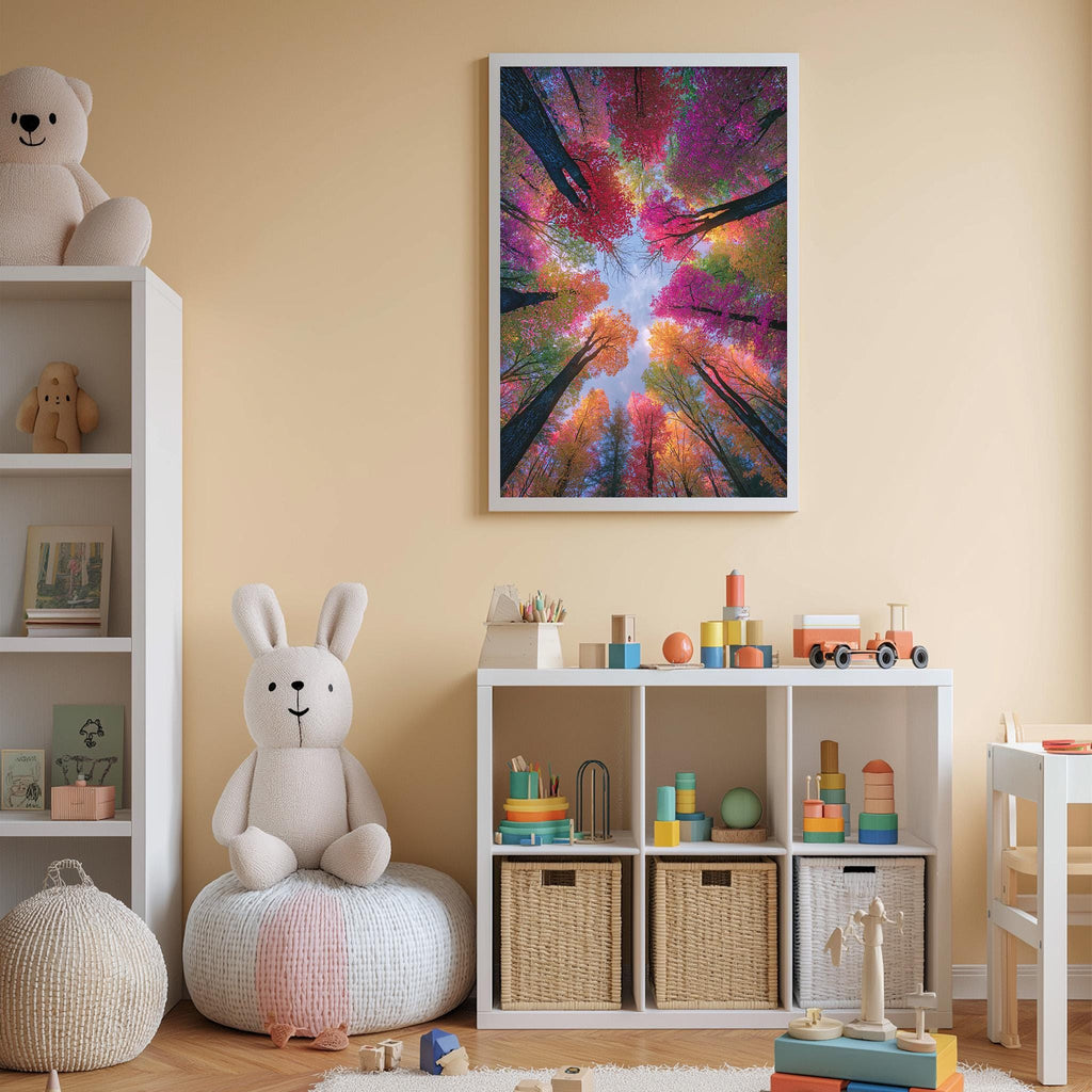 A cozy children's room with a large stuffed bunny, a bookshelf, and a colorful painting of a forest scene on the wall.