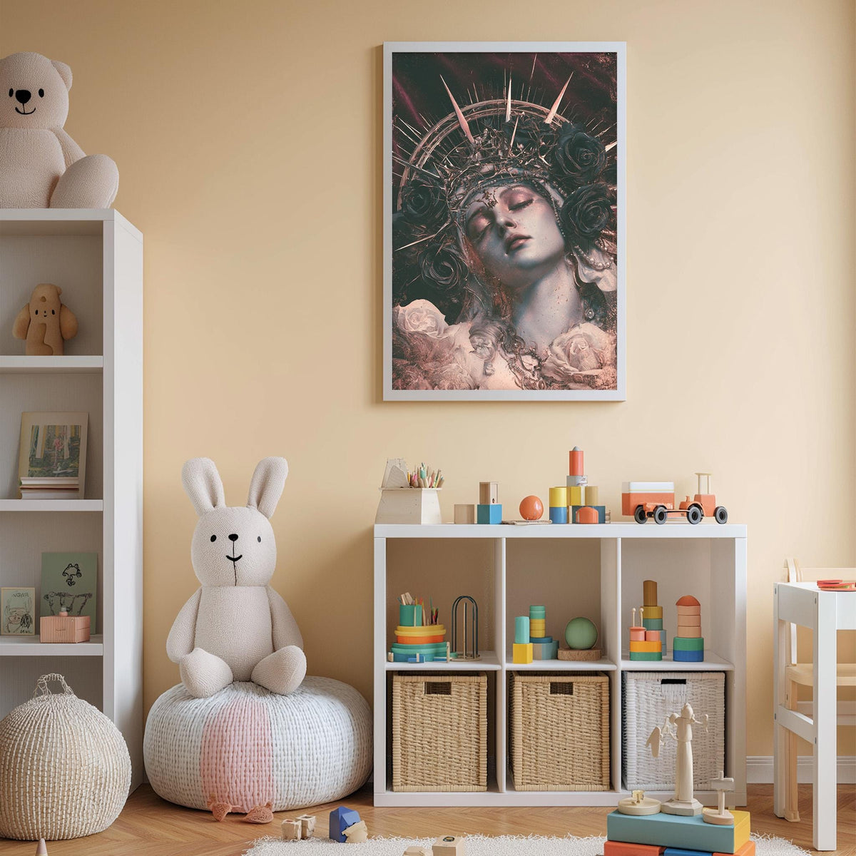 a child's bedroom with a large framed artwork of a woman's face on the wall, a white bookshelf filled with toys, and a white bean bag chair.