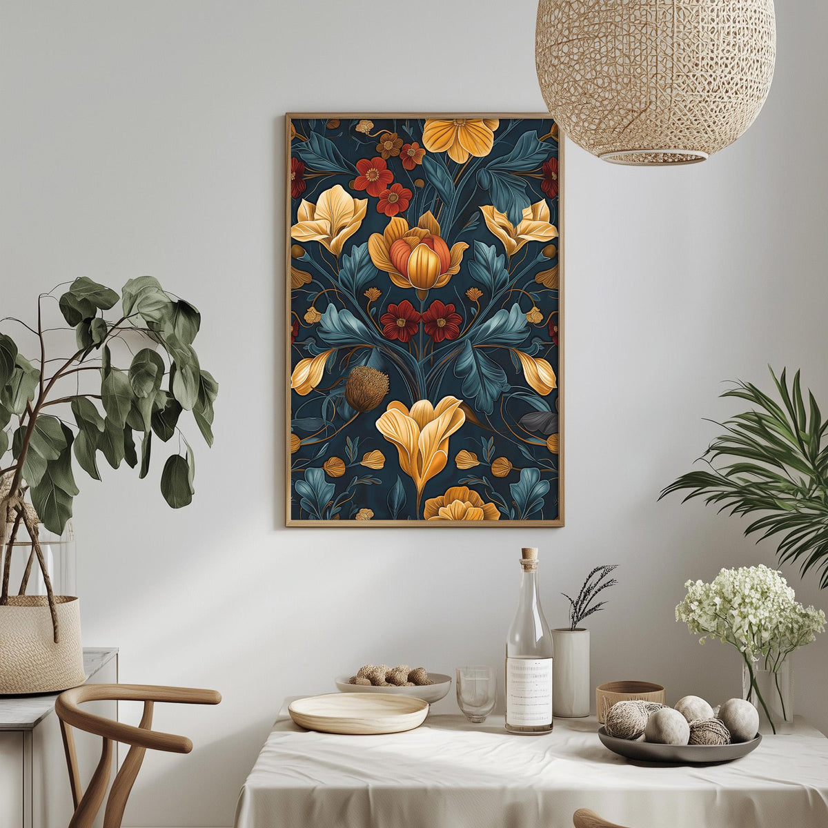 a dining table with a white tablecloth, a bowl of fruit, a bottle, and a vase with flowers. Above the table, there is a framed print of a floral design in blue, orange, and yellow colors. The table is set with a bottle, a wine glass, and a plate. The room also has a potted plant, a hanging light fixture, and a vase with flowers.