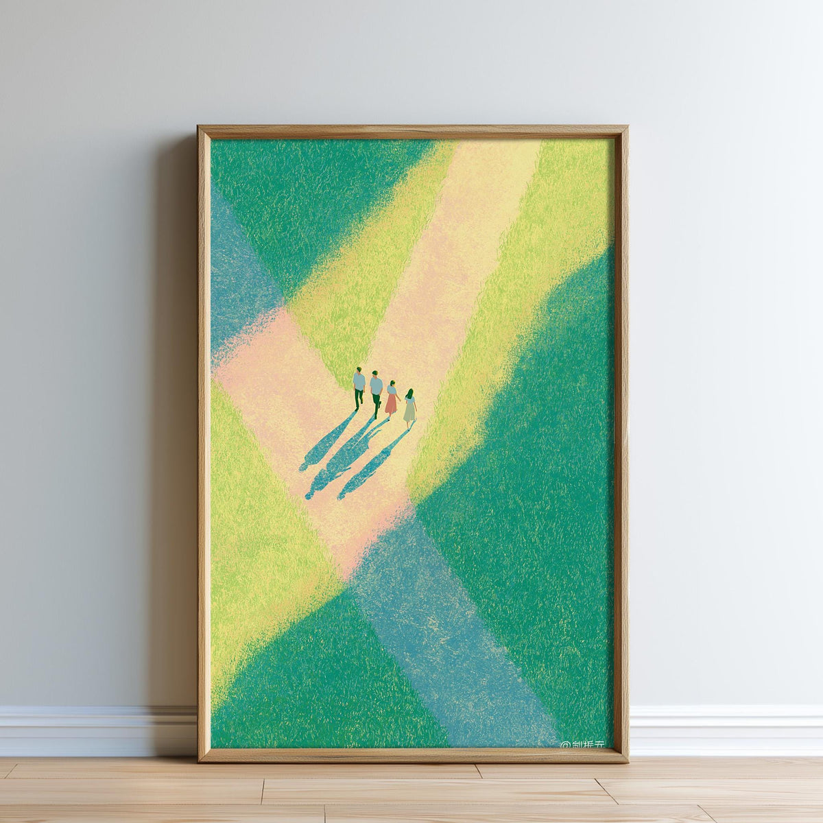 The image is a framed painting depicting a group of people walking on a path through a grassy field with a yellow and green color scheme.