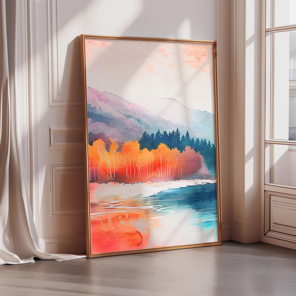 A large framed painting depicting a serene landscape with mountains, trees, and a body of water is displayed in a room with sunlight streaming in from a window.