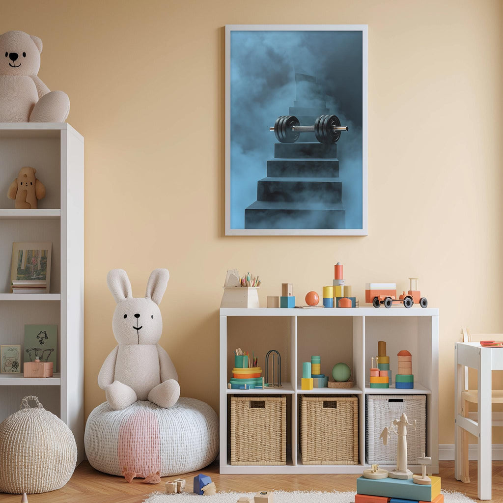 A child's bedroom with a white bookshelf, a stuffed rabbit, a toy train, and a framed artwork depicting a weightlifting scene.
