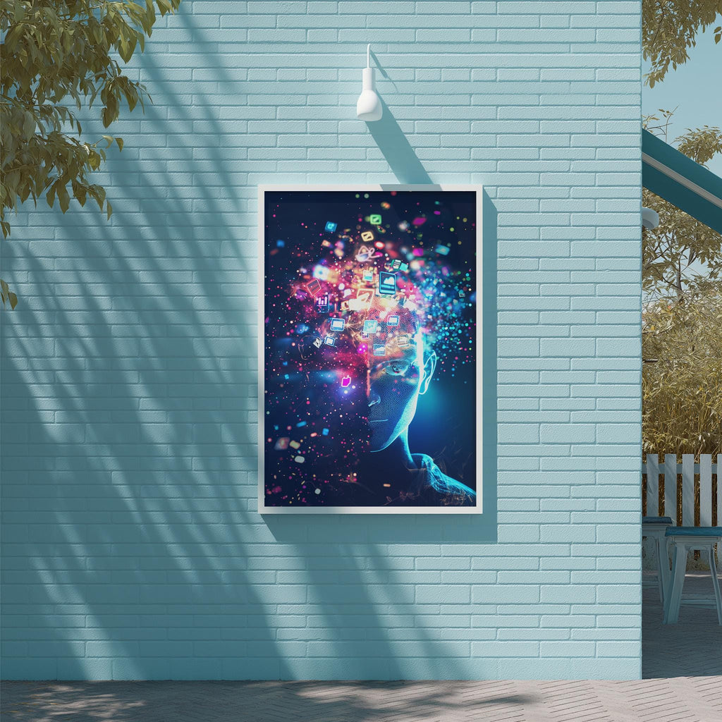 a vibrant, colorful poster of a person's face displayed on a light blue brick wall.
