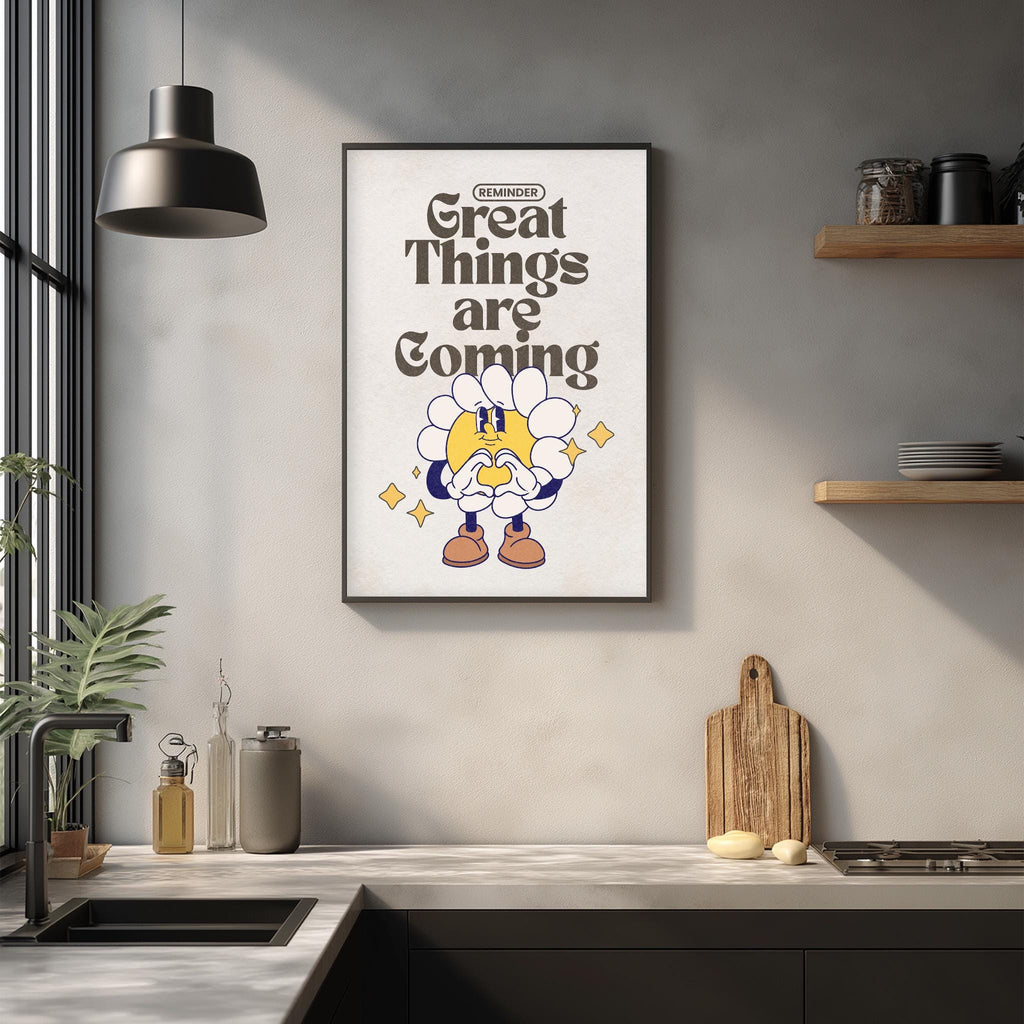a kitchen counter with various items such as a cutting board, a soap dispenser, and a potted plant. Above the counter, there is a framed poster with a cartoon character and the text "Great Things are Coming".