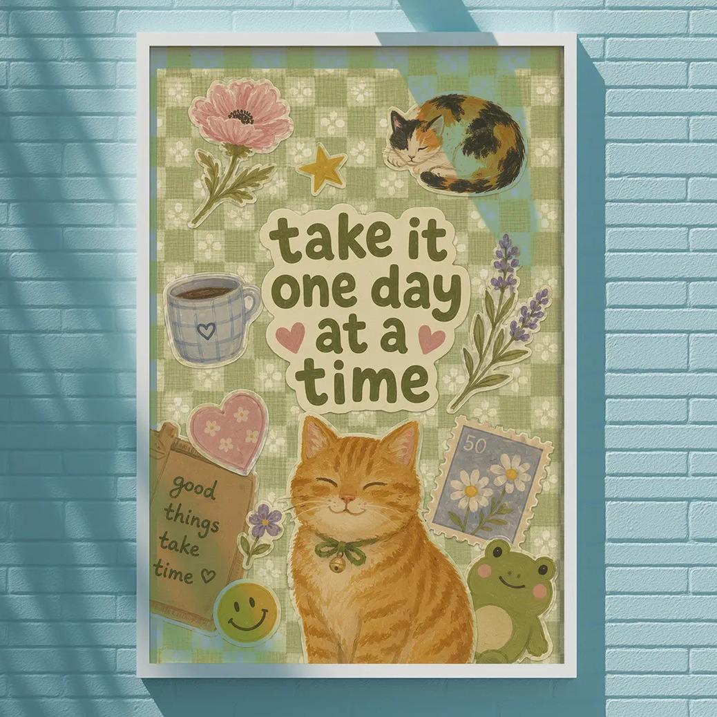 a poster with a cat and various other elements, such as flowers, a cup, and a frog, displayed on a blue brick wall.
