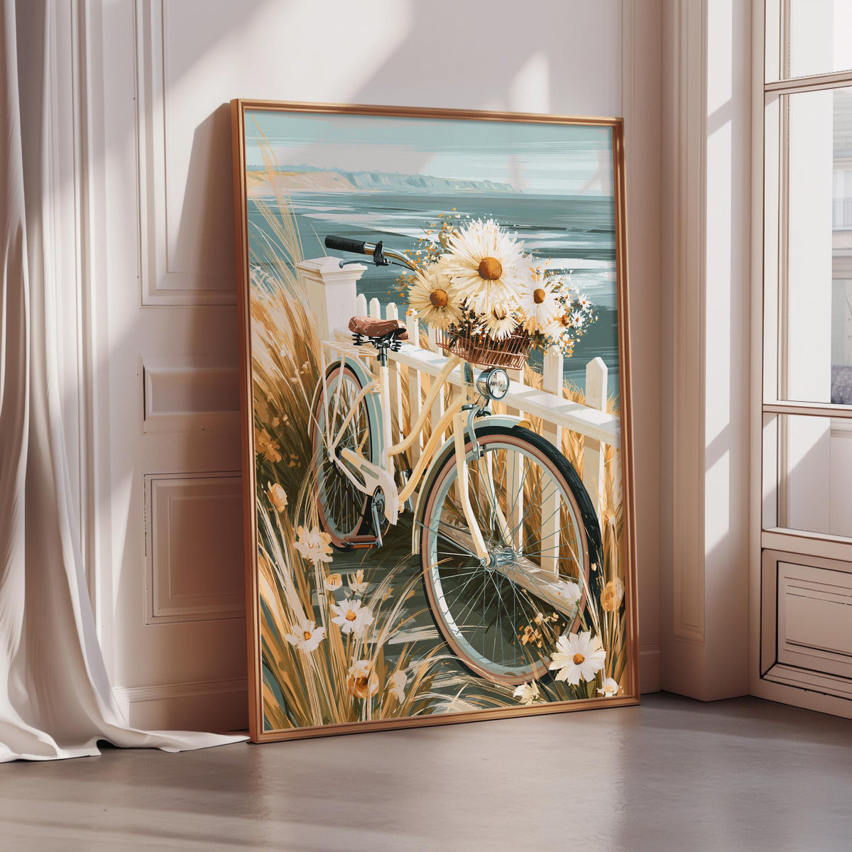 A framed painting depicting a bicycle with a basket of flowers, set against a scenic background of a grassy area and a body of water.