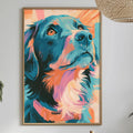 a vibrant, colorful painting of a dog's face hanging on a wall above a dining table. The table is set with various items, including a bottle, a bowl, and a vase, creating a cozy and inviting atmosphere.