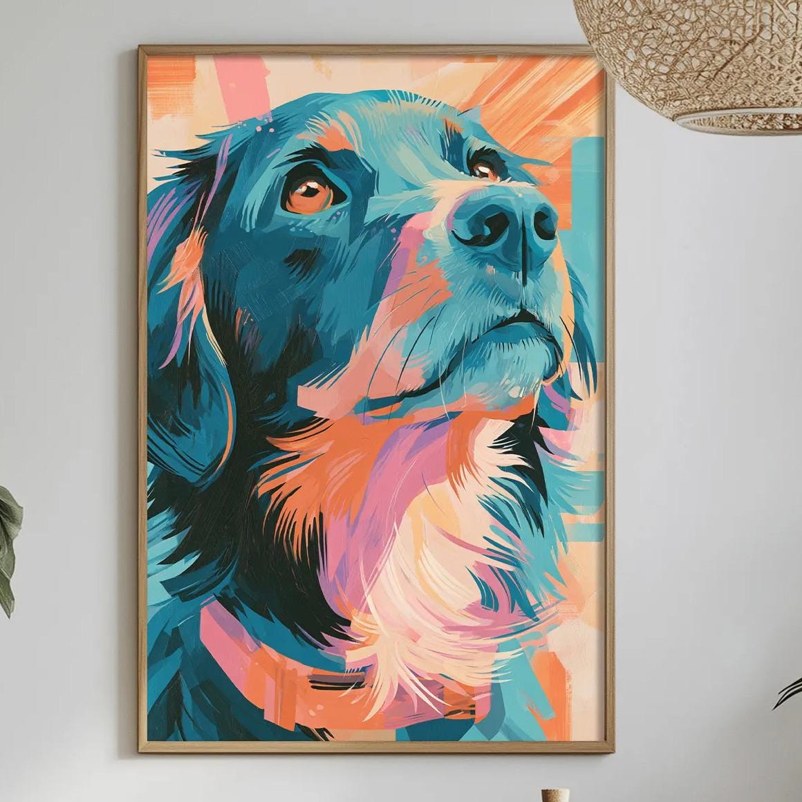 a vibrant, colorful painting of a dog's face hanging on a wall above a dining table. The table is set with various items, including a bottle, a bowl, and a vase, creating a cozy and inviting atmosphere.