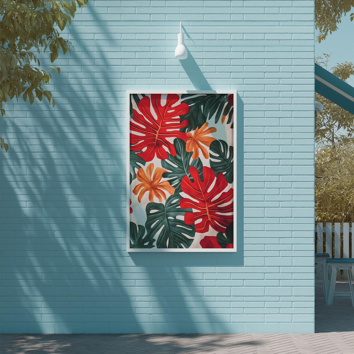a vibrant tropical plant print displayed on a light blue brick wall, creating a lively and colorful atmosphere.