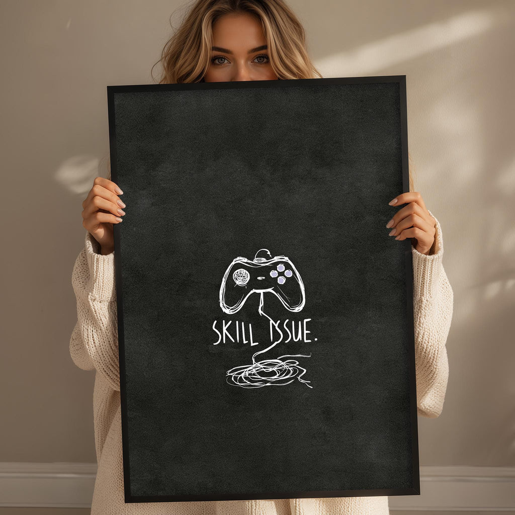 A woman holding a black poster with a white graphic and text on it.