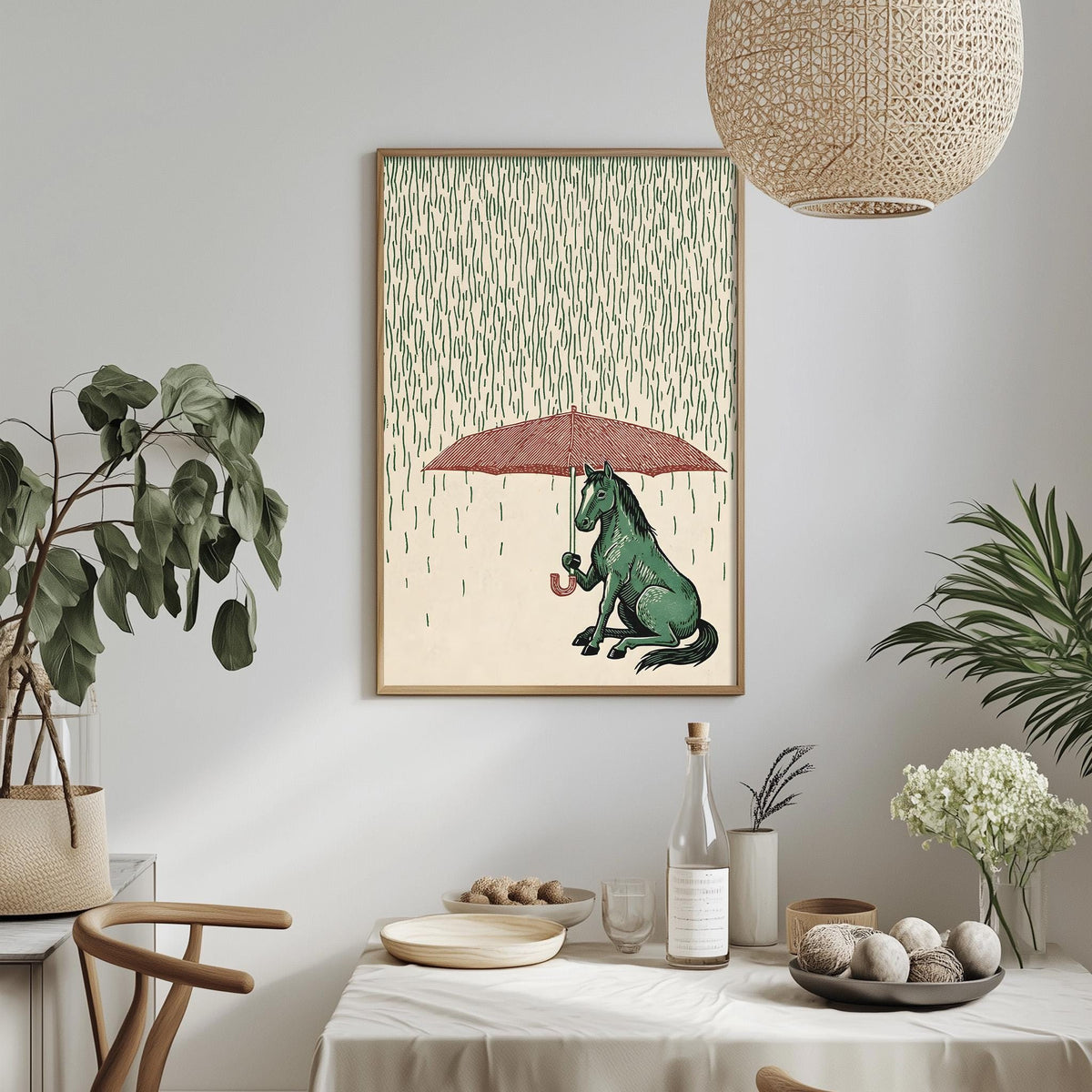 a dining table with a white tablecloth, a bowl of fruit, a bottle, and a vase with flowers. Above the table, there is a framed illustration of a green horse holding an umbrella, sitting in the rain.