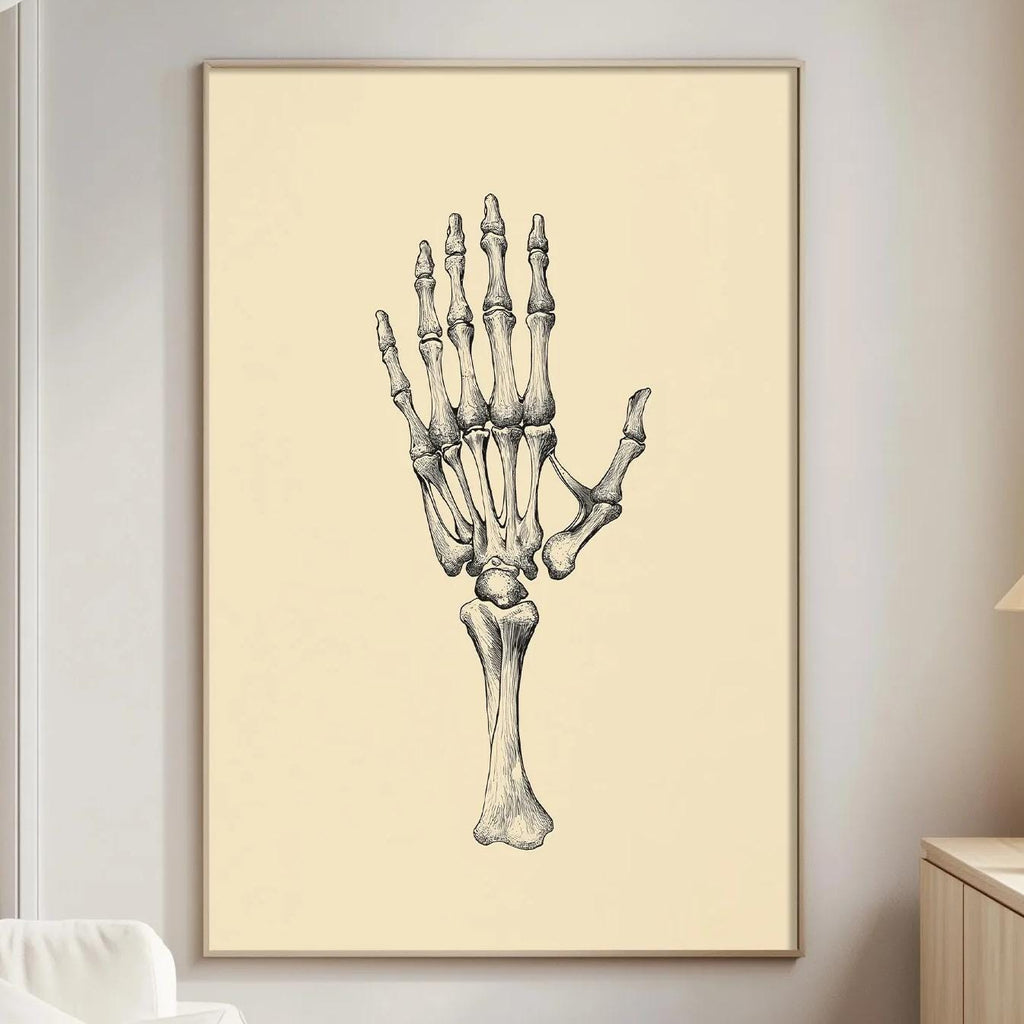 a living room with a large framed illustration of a human hand on the wall.