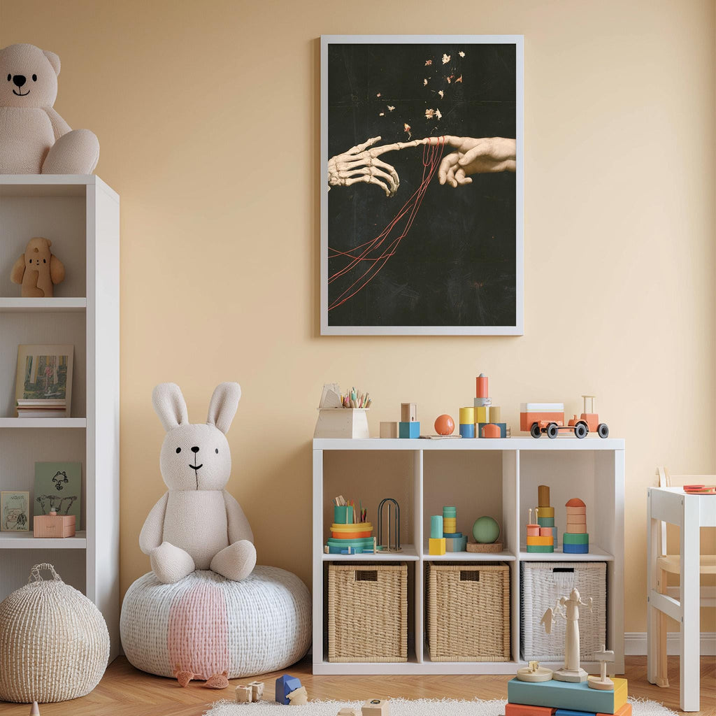 A child's bedroom with a white bookshelf, a stuffed rabbit, and a toy train set. The walls are painted a light peach color, and there is a framed artwork depicting a skeleton hand reaching out to a child's hand.