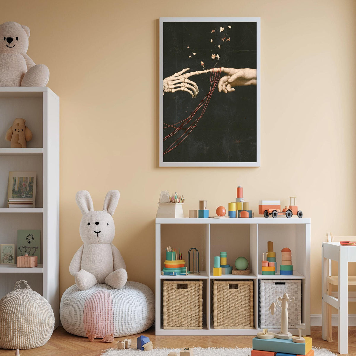 A child's bedroom with a white bookshelf, a stuffed rabbit, and a toy train set. The walls are painted a light peach color, and there is a framed artwork depicting a skeleton hand reaching out to a child's hand.