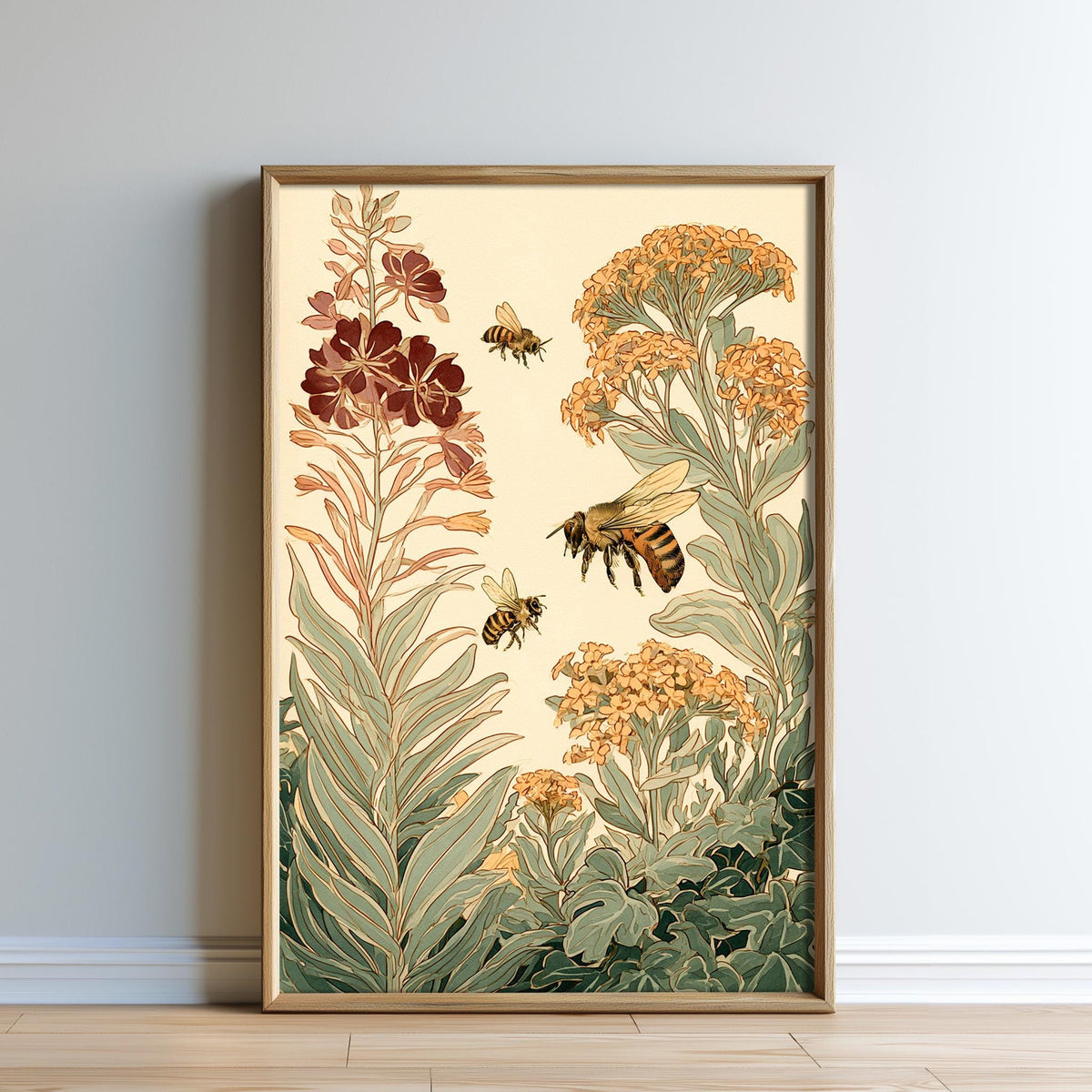 The image is a framed illustration depicting a vibrant garden scene with a variety of flowers, including red and orange blooms, surrounded by lush green foliage. Several bees can be seen flying around the flowers, adding a sense of movement and life to the scene.