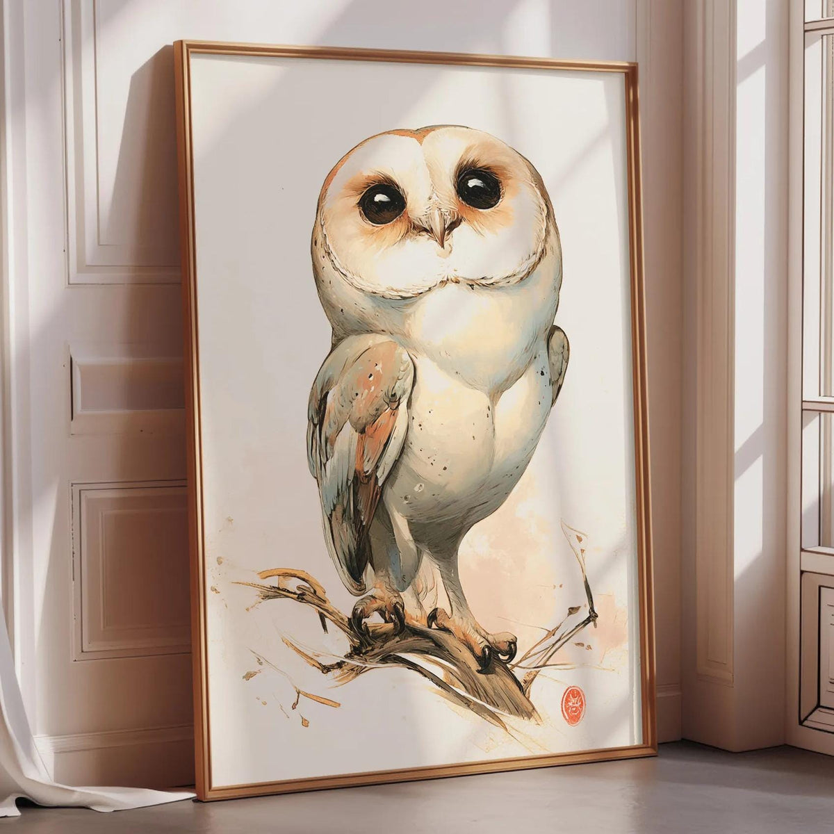a large framed painting of a white owl with brown eyes and a white belly, perched on a branch.