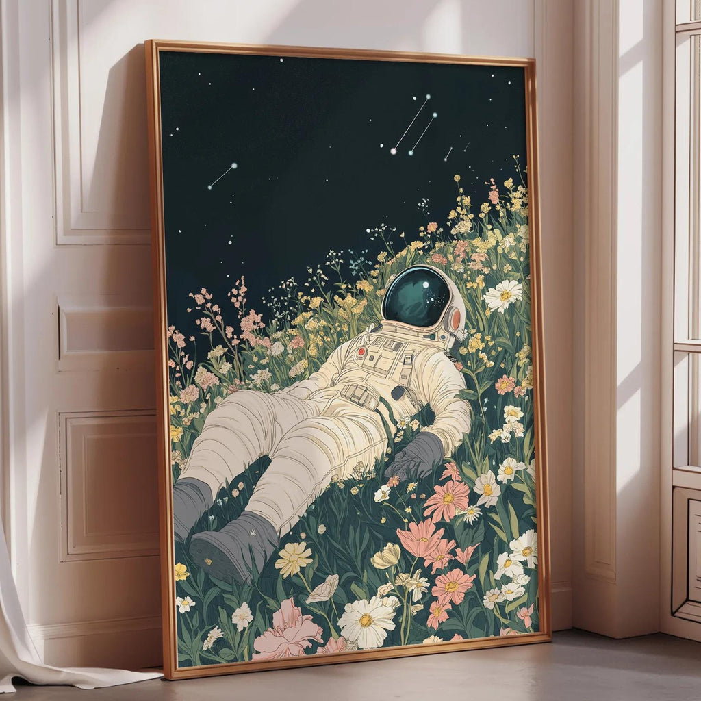 an astronaut floating in a field of flowers, with a starry night sky in the background.