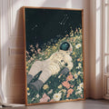 an astronaut floating in a field of flowers, with a starry night sky in the background.