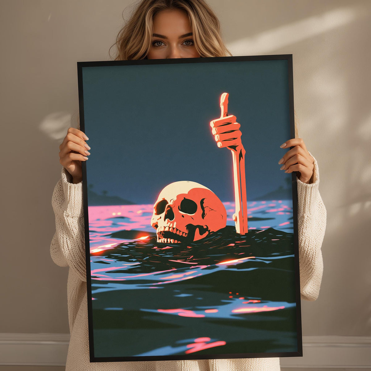 A woman holds up a framed image depicting a skull submerged in water, with a thumbs-up gesture.