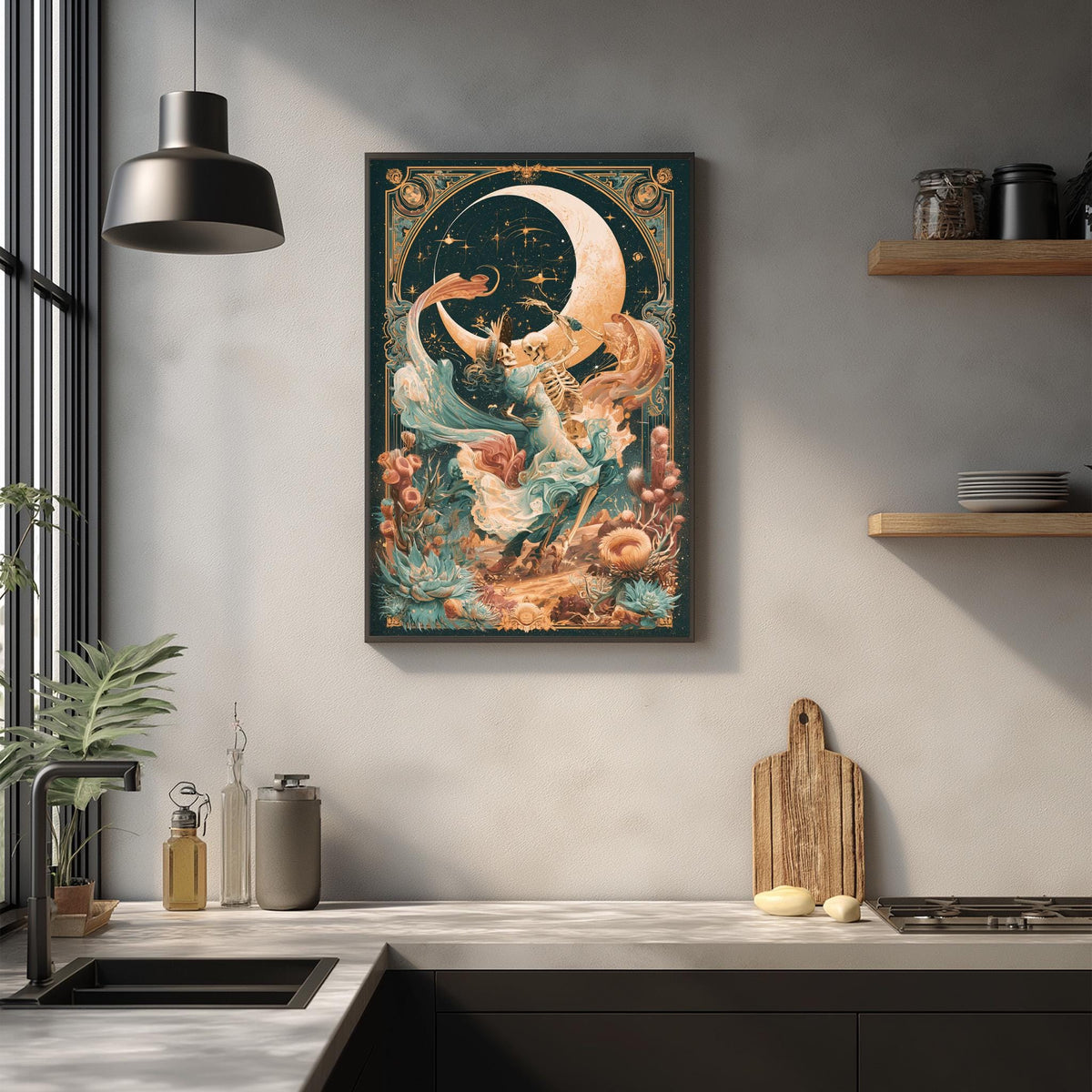 a framed painting of a fantastical scene with a crescent moon, flowers, and a woman in a flowing dress, hanging on a wall above a kitchen counter.