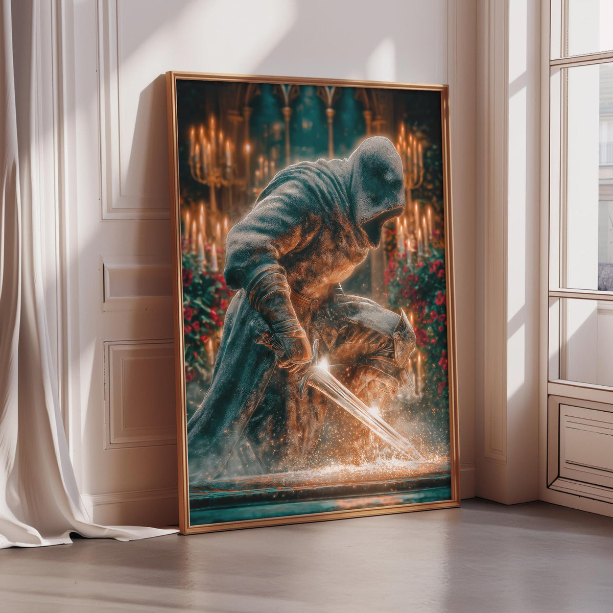 The image is a framed artwork depicting a figure in a robe and holding a sword, surrounded by a fantastical, ethereal landscape with candles and flowers.