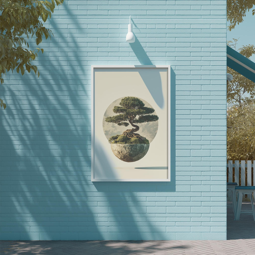 a blue brick wall with a framed painting of a bonsai tree hanging on it.