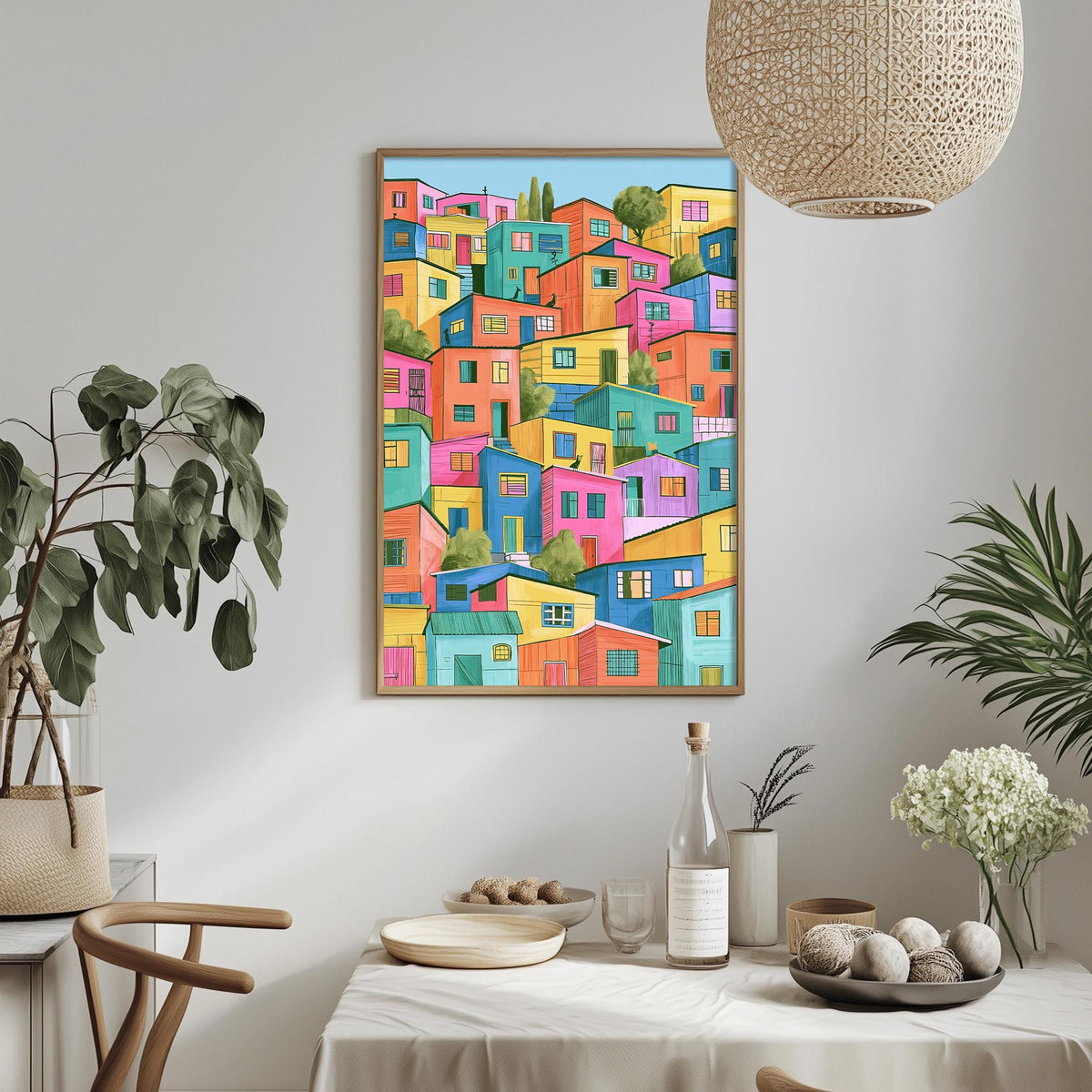 a vibrant, colorful painting of a cityscape hanging on a wall above a dining table. The table is set with various items, including a bottle, a bowl, and a vase, creating a cozy and inviting atmosphere.