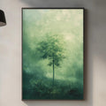 a kitchen counter with a framed painting of a tree in a misty forest scene hanging above it. The kitchen counter also has various kitchen items such as a cutting board, a bottle, and a vase.