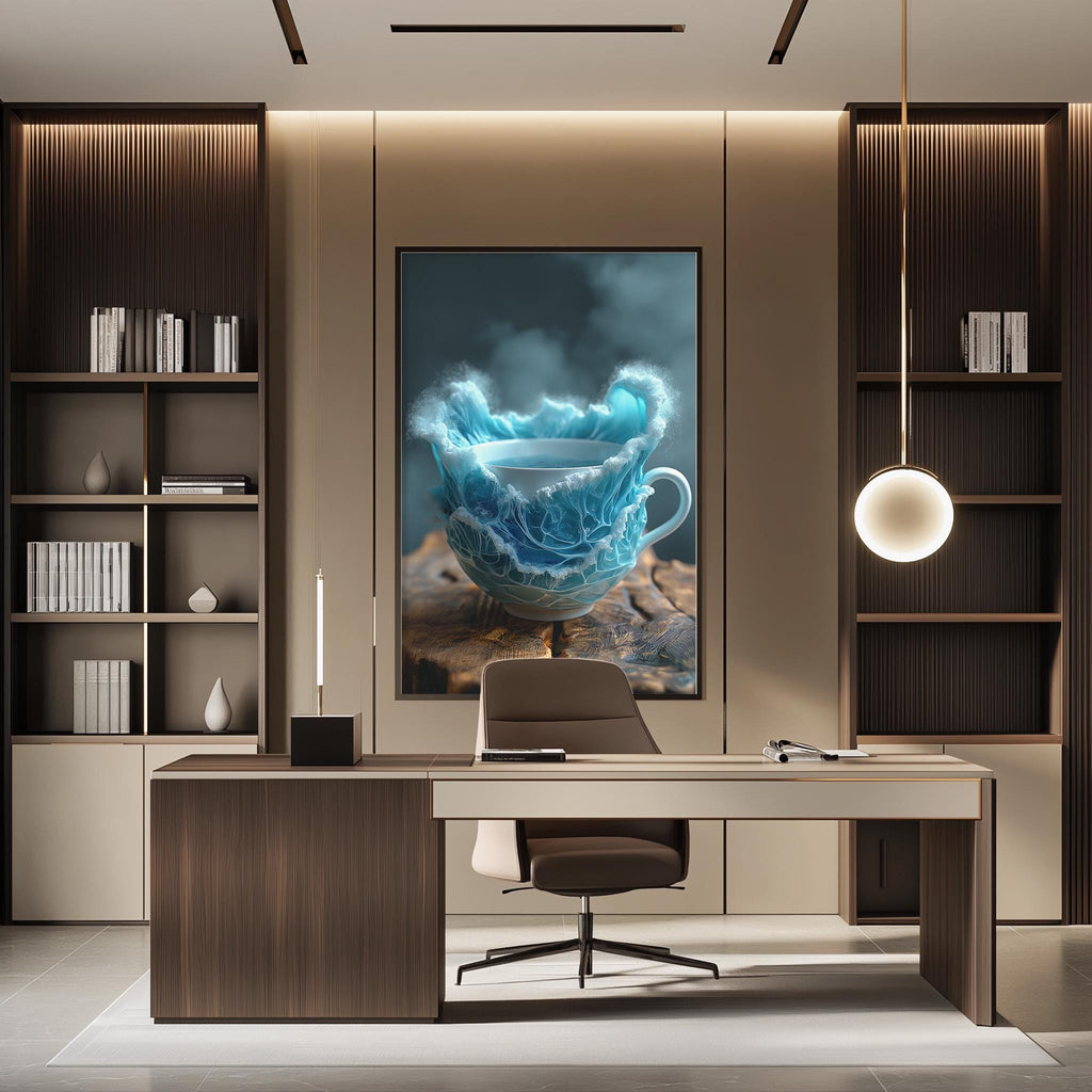 a modern office space with a large framed artwork of a teacup on a rock as the focal point. The artwork is displayed on the wall above a desk with a chair in front of it. The office also features built-in bookshelves and a pendant light, creating a stylish and functional workspace.