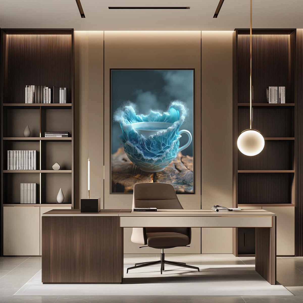 a modern office space with a large framed artwork of a teacup on a rock as the focal point. The artwork is displayed on the wall above a desk with a chair in front of it. The office also features built-in bookshelves and a pendant light, creating a stylish and functional workspace.