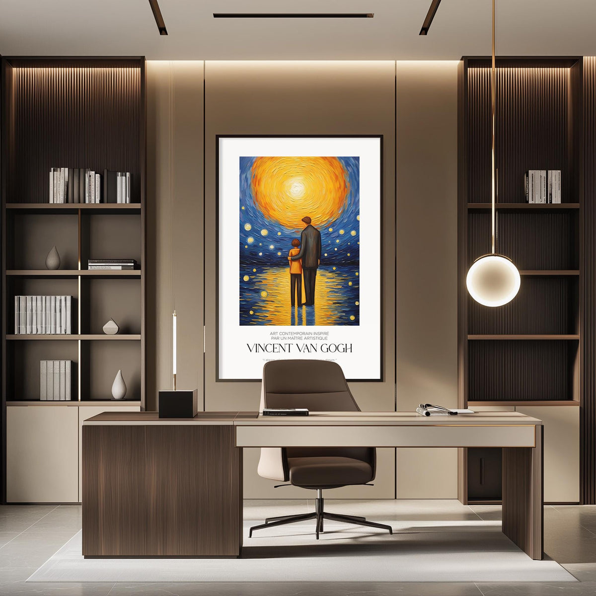 a modern office space with a large framed painting of Vincent van Gogh's "Starry Night" hanging on the wall above a desk with a chair.