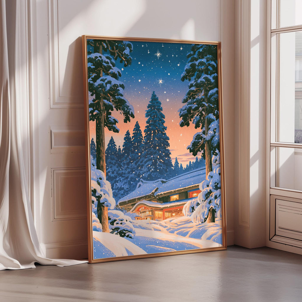 A large framed painting depicting a snowy winter landscape with a cabin in the distance, surrounded by snow-covered trees and a starry night sky.