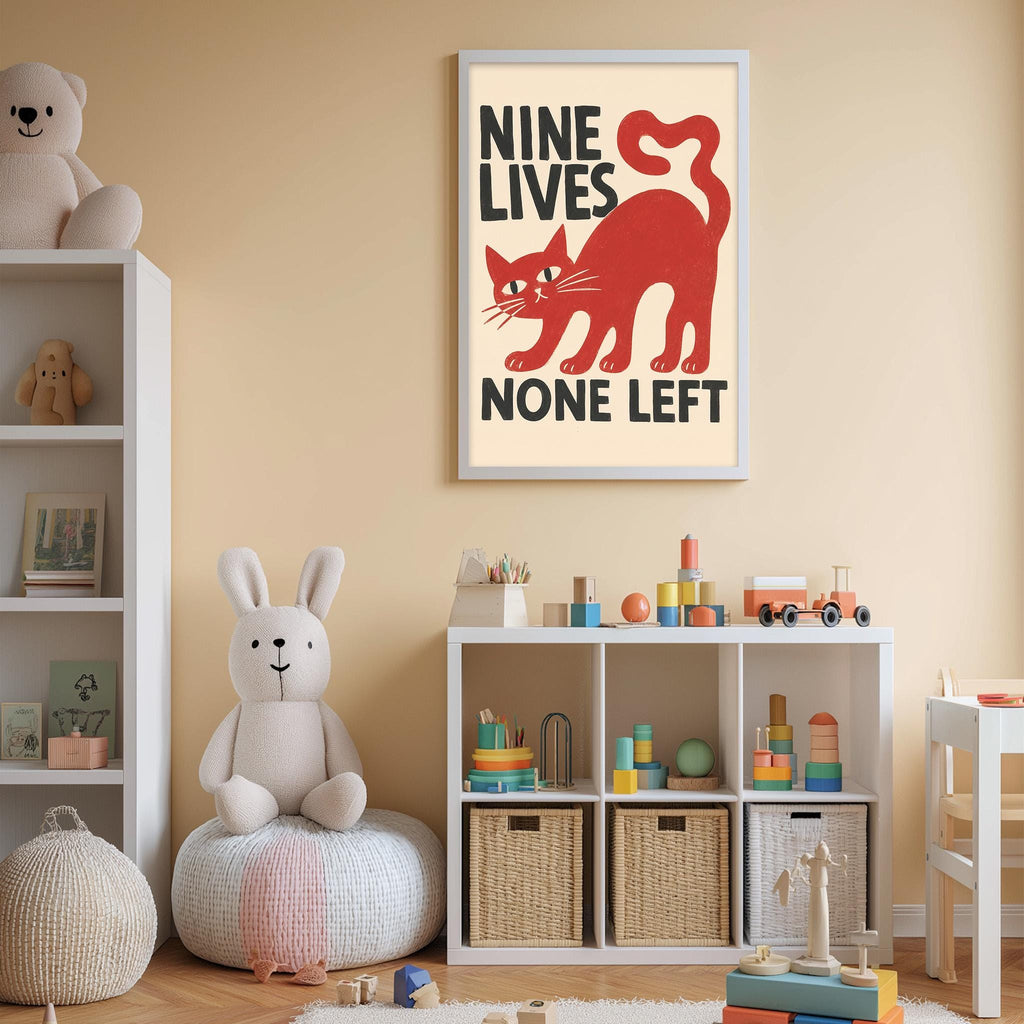 A child's bedroom with a white bookshelf, a stuffed rabbit, and a framed poster with a cat and the text "NINE LIVES NONE LEFT".