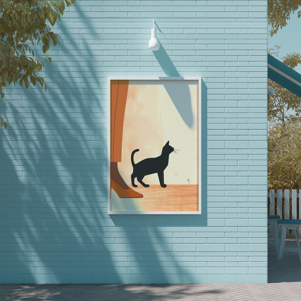 a blue brick wall with a framed illustration of a cat on it.