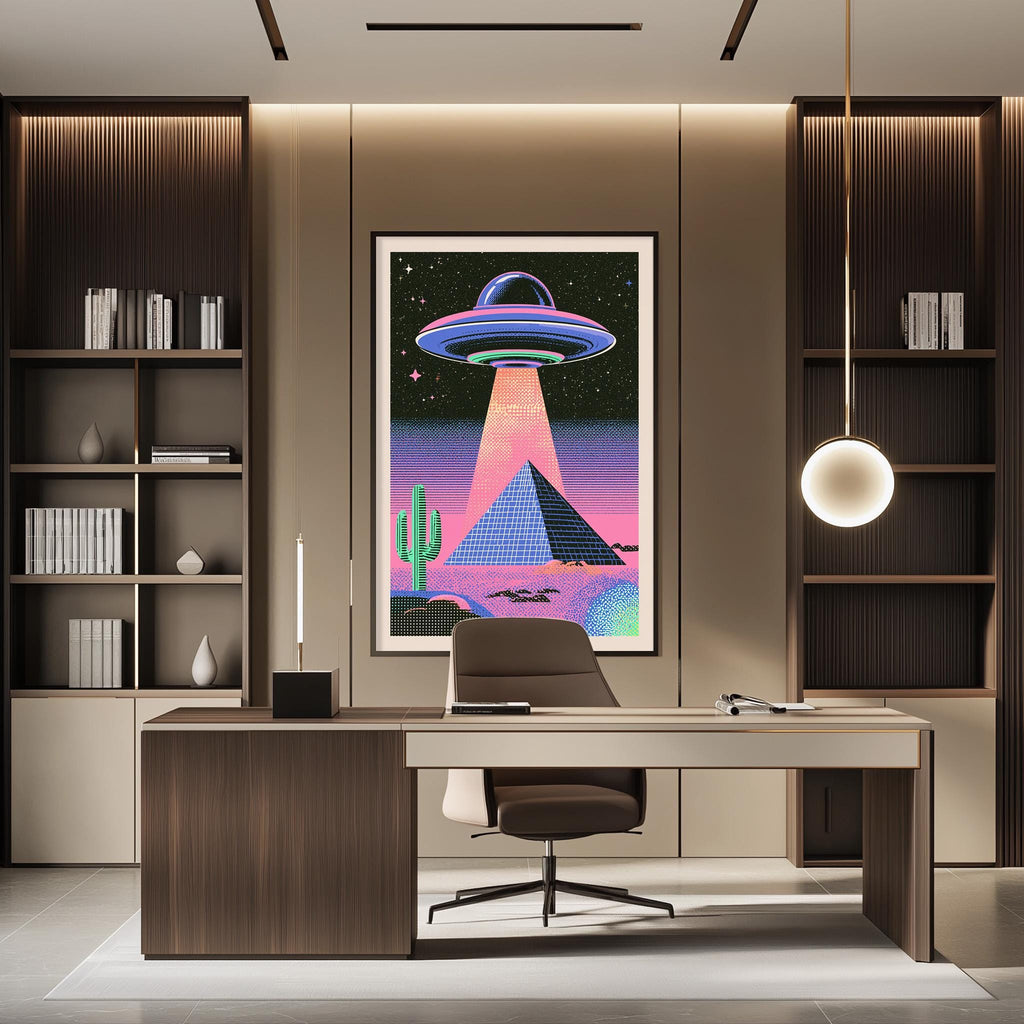 a modern office space with a large framed poster of a colorful alien scene on the wall behind a desk with a chair.