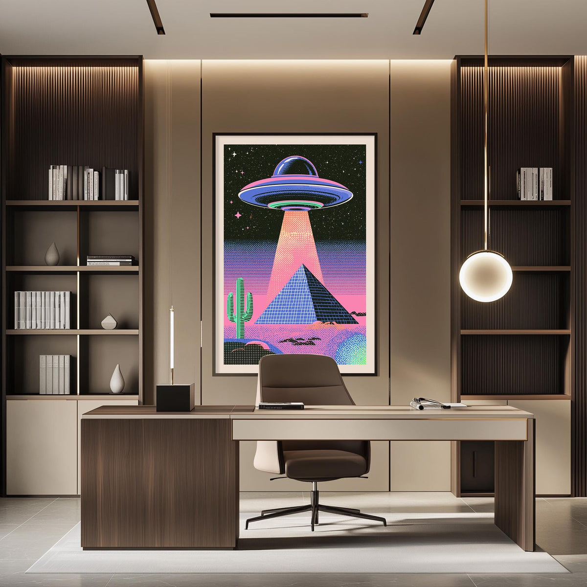 a modern office space with a large framed poster of a colorful alien scene on the wall behind a desk with a chair.