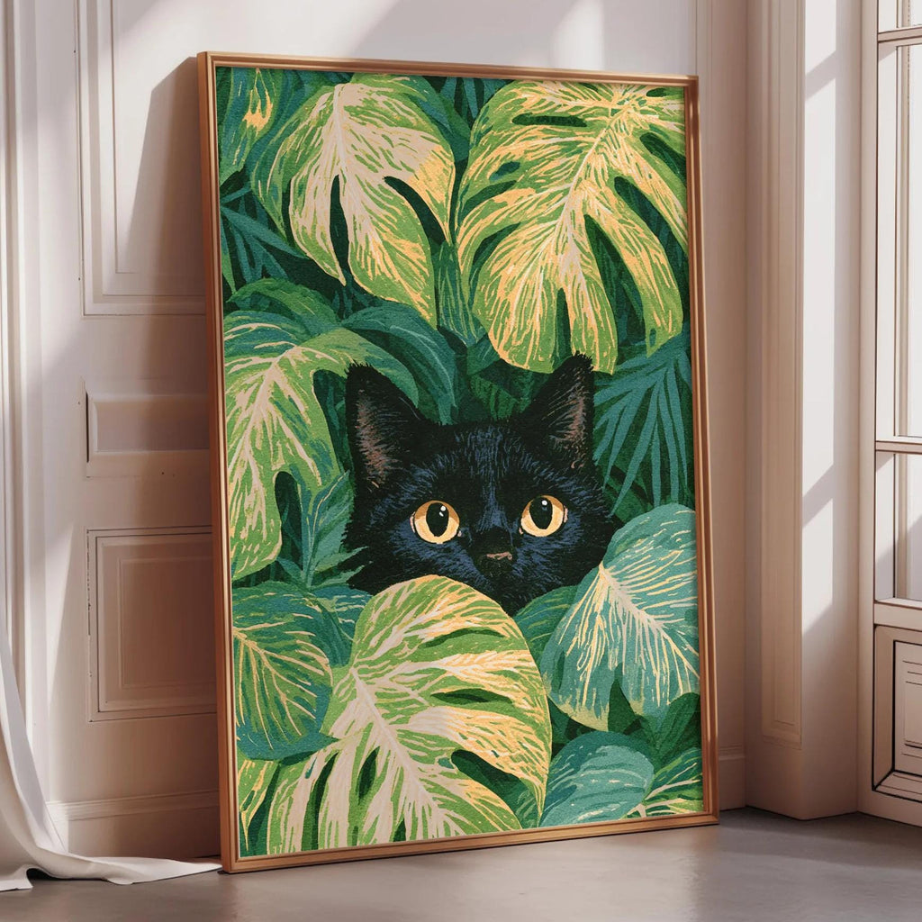 A framed painting depicting a black cat peeking out from a lush, tropical plant display.