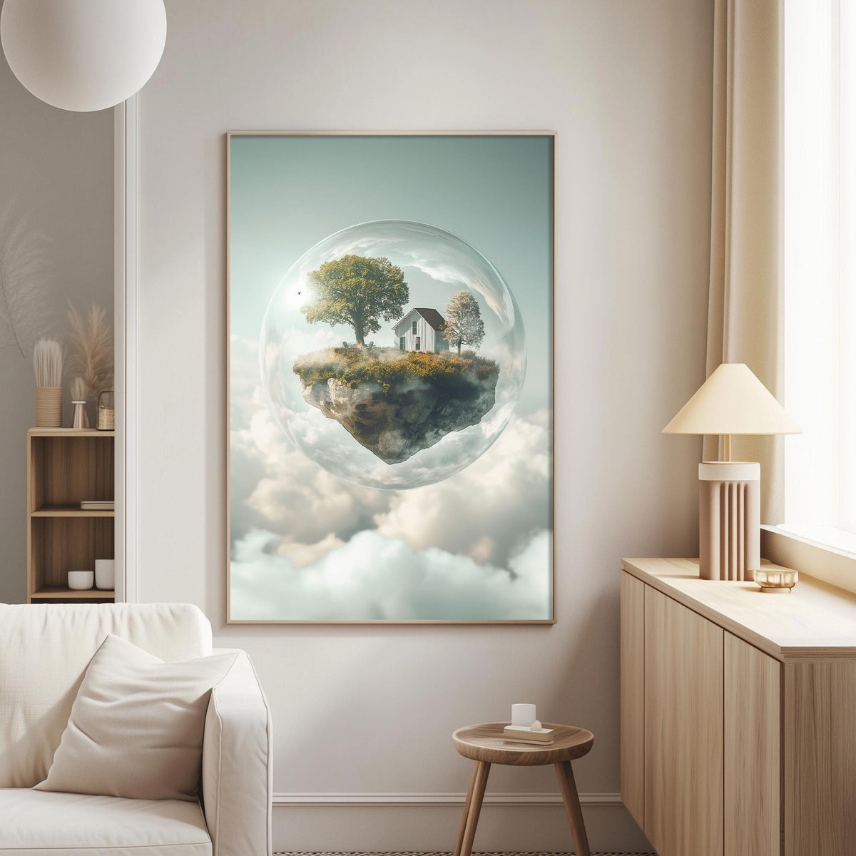 a serene living room with a white sofa, a wooden side table, and a lamp. Above the sofa, there is a large framed picture of a house floating in the clouds, creating a whimsical and dreamlike atmosphere.