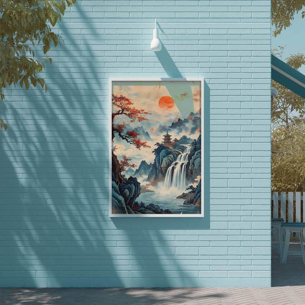 a serene landscape painting hanging on a blue brick wall, depicting a waterfall and mountains under a red sun.