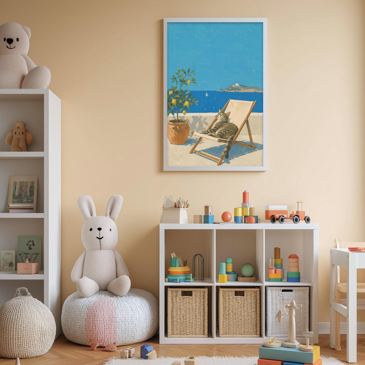 A cozy children's room with a large stuffed bunny, a bookshelf, and a colorful toy box. The room has a warm, inviting atmosphere with a painting of a cat relaxing in a lounge chair on the wall.