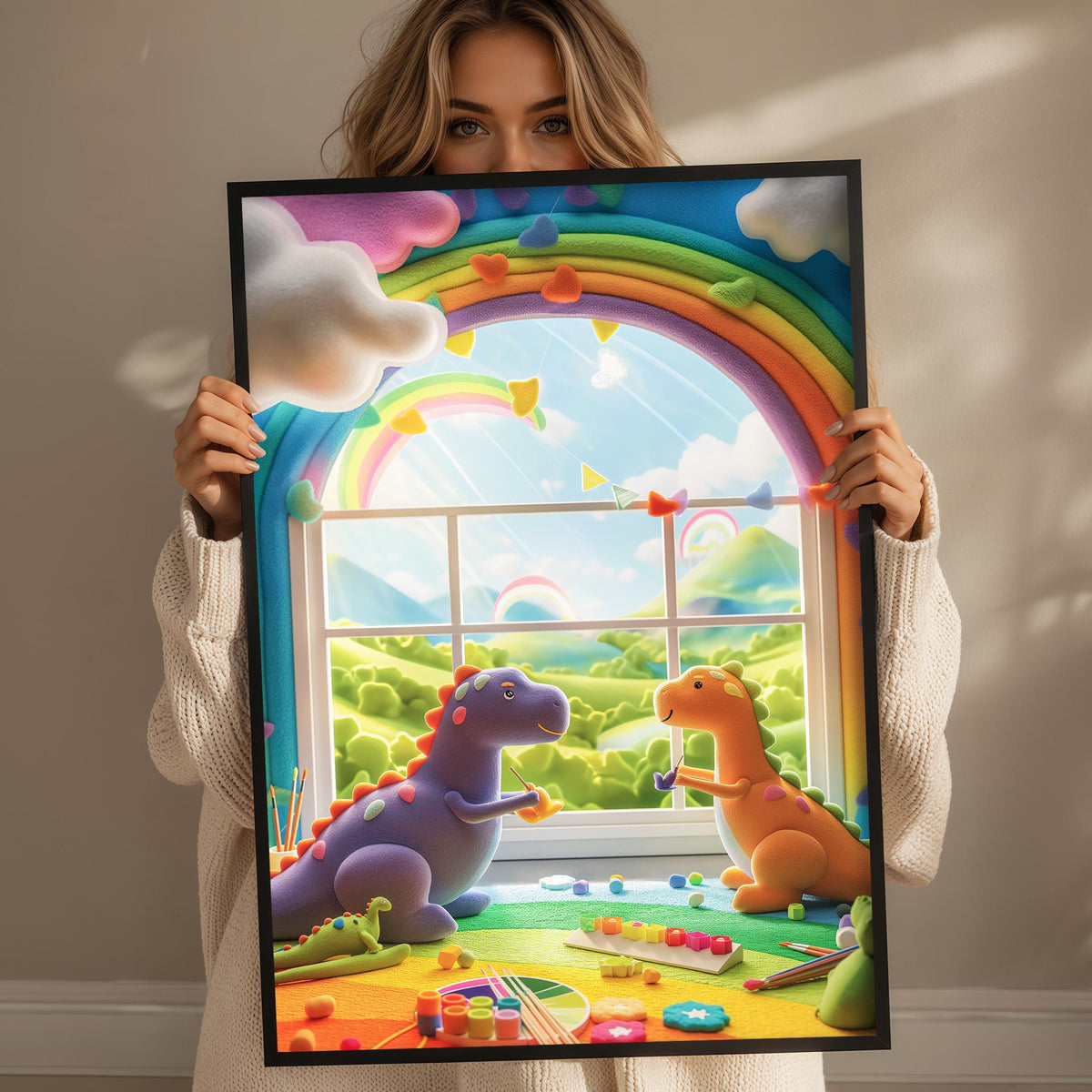 A woman holds up a framed artwork depicting two dinosaurs, one purple and one orange, in a whimsical landscape with a rainbow arching over a window.