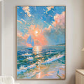 a large painting of a seascape hanging on a wall in a living room.