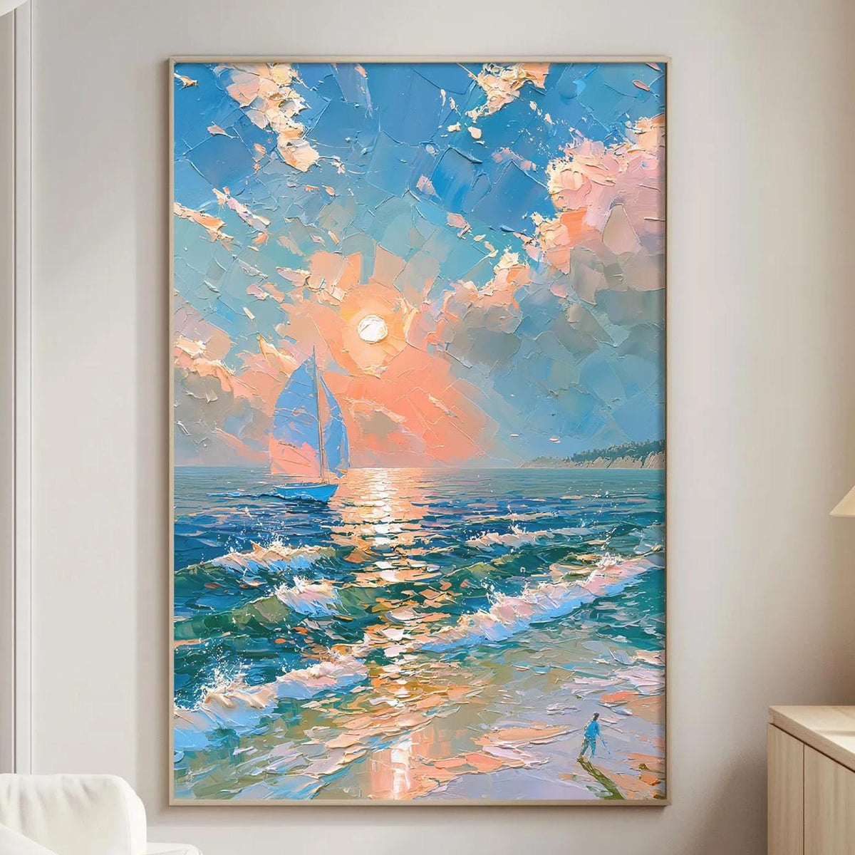 a large painting of a seascape hanging on a wall in a living room.