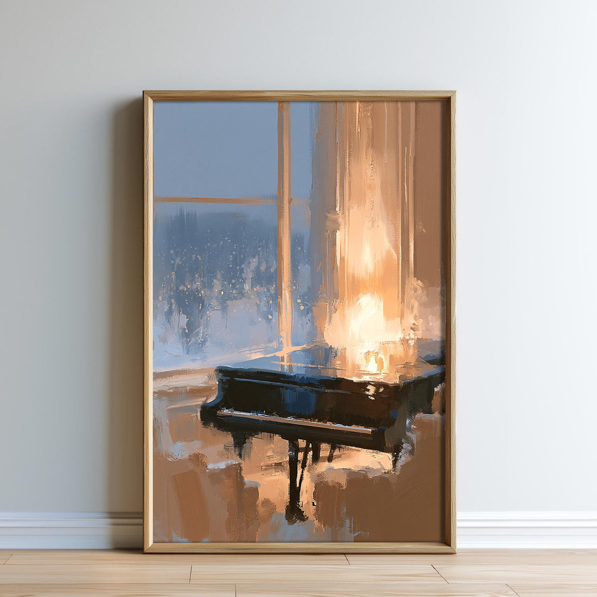 The image is a framed painting depicting a grand piano in a room with a window, creating a warm and inviting atmosphere.