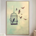 a birdcage with a bird inside, surrounded by a flock of birds flying in the background.