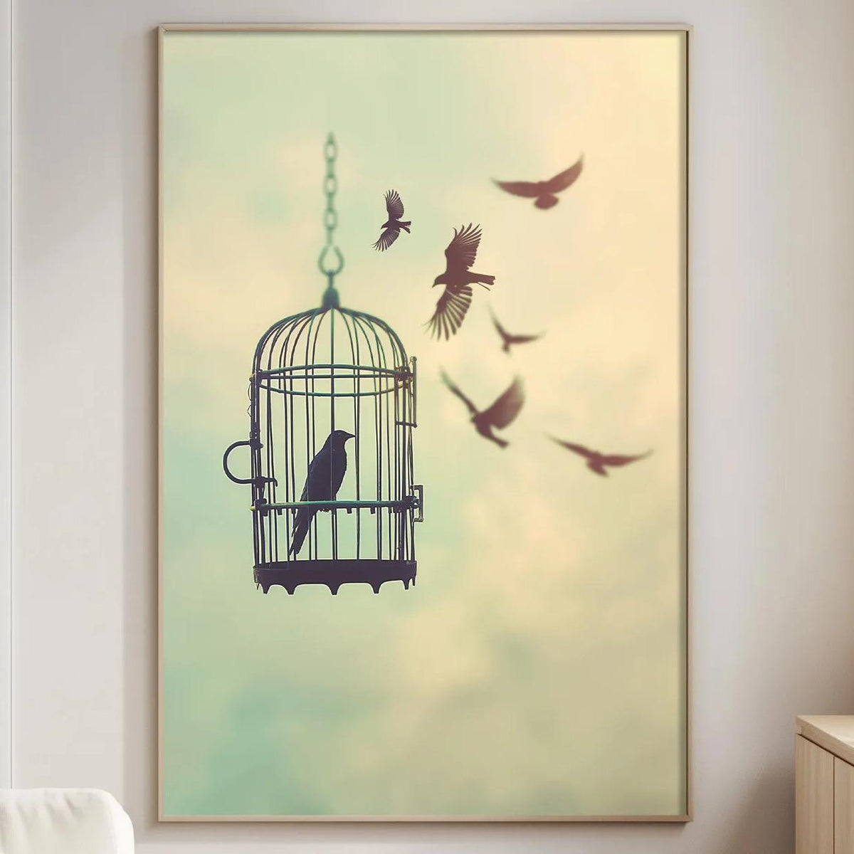 a birdcage with a bird inside, surrounded by a flock of birds flying in the background.