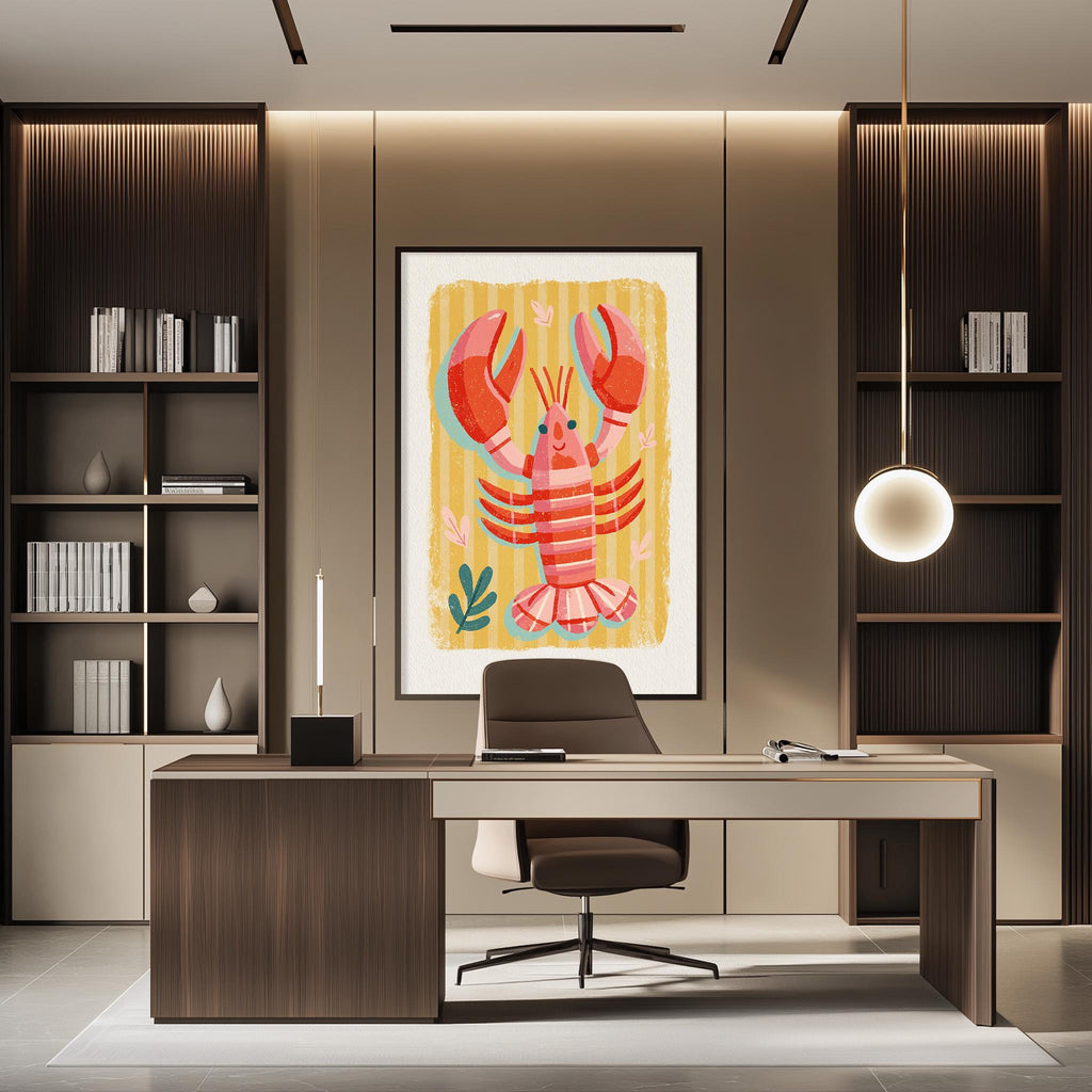 a modern office space with a large framed picture of a lobster on the wall. The office has a wooden desk, a chair, and a bookshelf filled with books. The overall design and decor create a professional and stylish atmosphere.