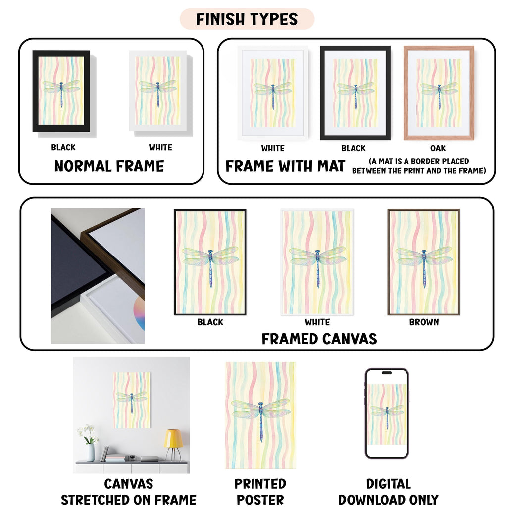 The image is a collection of different finish types for a framed artwork featuring a dragonfly. It includes a black frame, a white frame, a black frame with a mat, a white frame, a black frame with a mat, a white framed canvas, a black framed canvas, a white framed canvas, a brown framed canvas, a stretched canvas, a printed poster, and a digital download only.