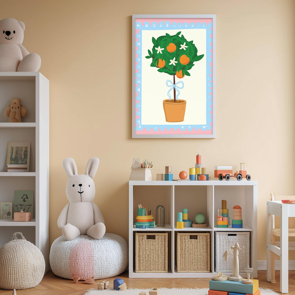 A cozy children's room with a white bookshelf, a plush rabbit, and a colorful toy box filled with toys. A framed illustration of a potted plant with flowers is displayed on the wall above the bookshelf.
