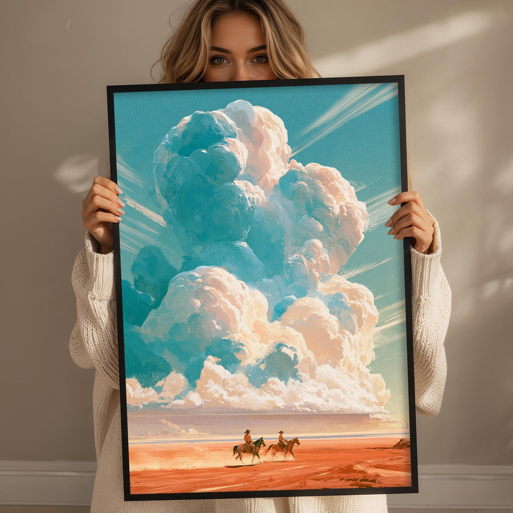 A woman holds up a framed painting depicting a desert landscape with two figures riding horses.